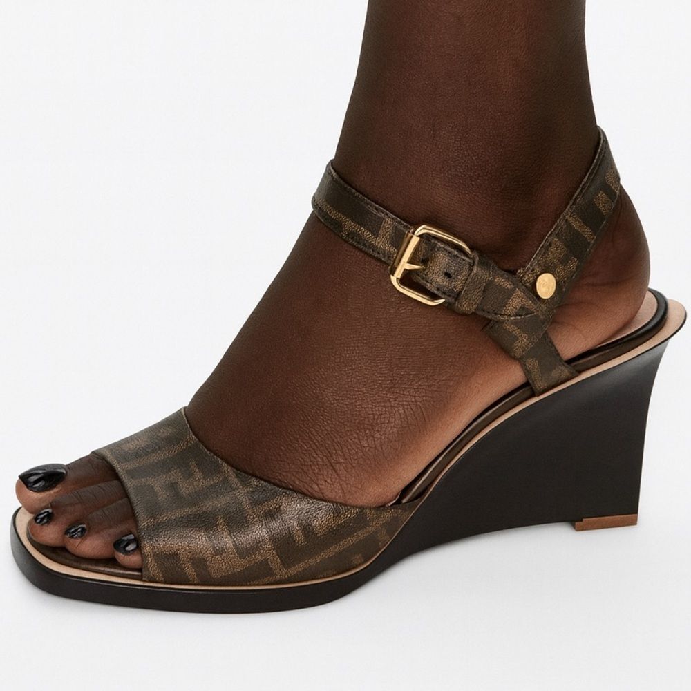 FENDI Tobacco Brown FF Zucca Logo Coated Canvas Wedge Sandals Size EU38.5
